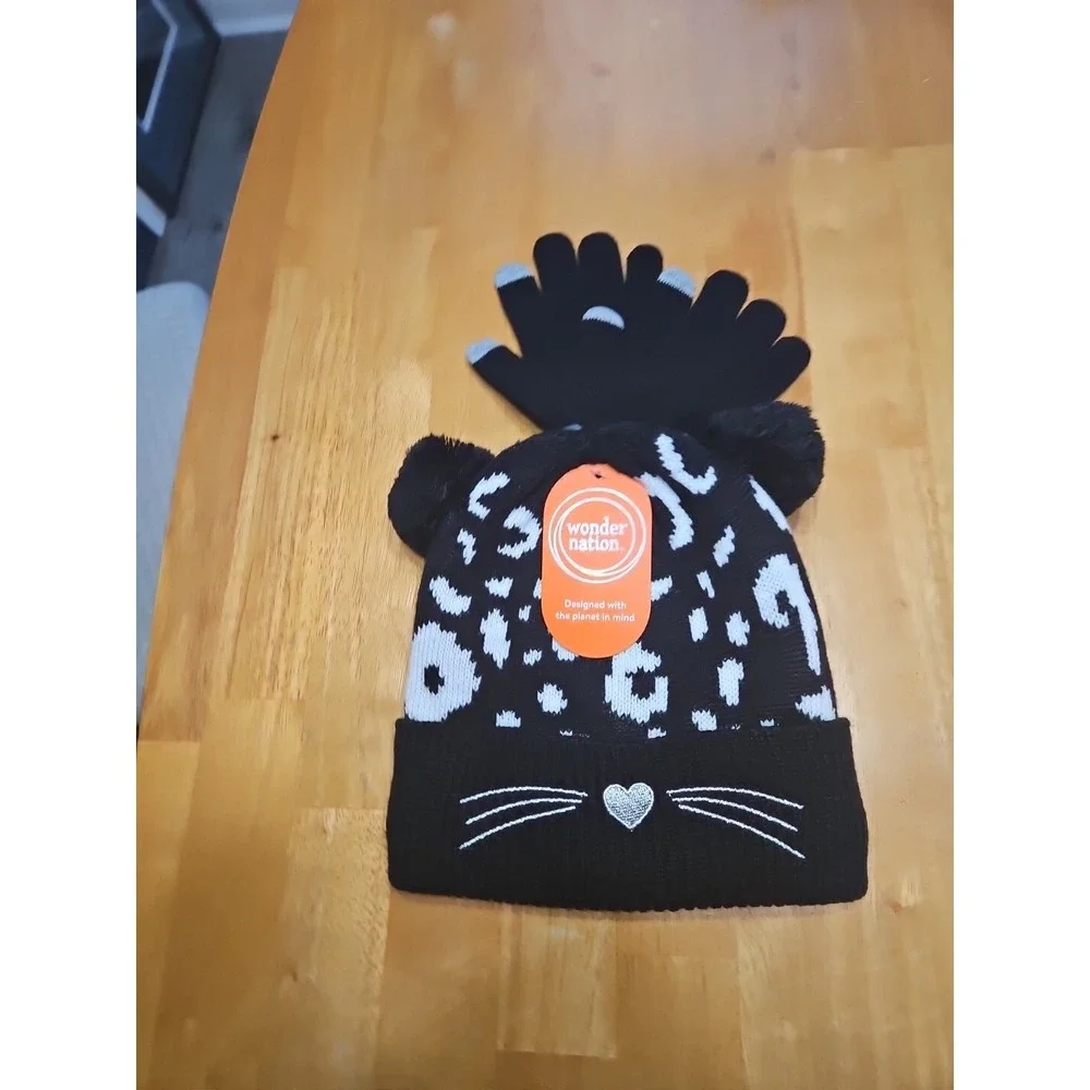 Wonder Nation Girls Kitty Cat Pom Beanie Hat and Touchscreen Gloves Set, 2-Piece